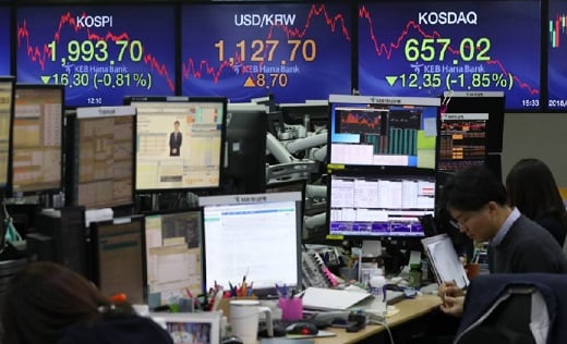 3일 서울 중구 KEB하나은행 딜링룸 전광판에 코스피지수가 1993.70, 코스닥은 657.02를 나타내고 있다. / 사진=뉴스1 DB.