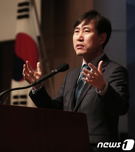 바른미래당 하태경 최고위원이 8일 서울 중구 프레스센터 국제회의장에서 열린 '2019 시민사회 합동 신년회'에서 축사를 하고 있다. /사진=뉴스1