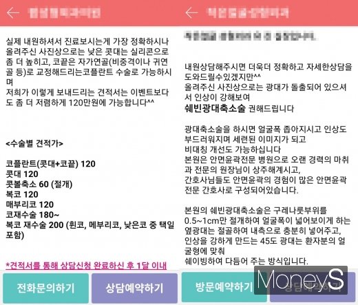 두 성형외과에서 온 견적내용./사진=해당 앱 캡처