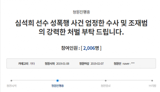 심석희 쇼트트랙 국가대표를 성폭행한 혐의로 고소당한 조재범 전 대표팀 코치를 엄벌해달라는 청원. /사진=청와대 국민청원 게시판 캡처