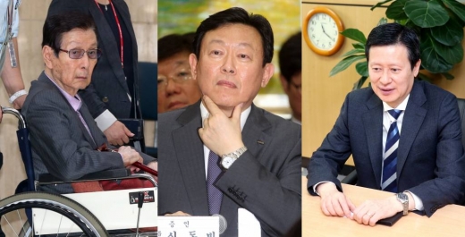 롯데그룹 신격호 총괄회장(왼쪽)과 신동빈 회장(가운데), 신동주 전 롯데홀딩스 부회장(오른쪽)의 모습/사진=머니투데이DB