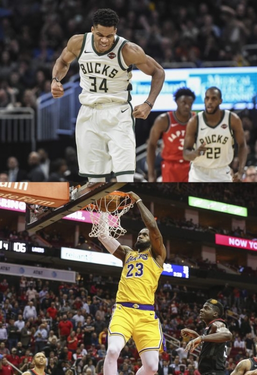 2019 NBA 올스타전 2차 합산 결과 각 컨퍼런스 1위에 오른 야니스 아데토쿤보(위쪽와 르브론 제임스. /사진=로이터