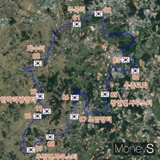 GPS 맵에 얹힌 만세길. 경로가 왼쪽 하단에서 오른쪽 상단으로 횃불 모양을 이룬다. /사진=화성시