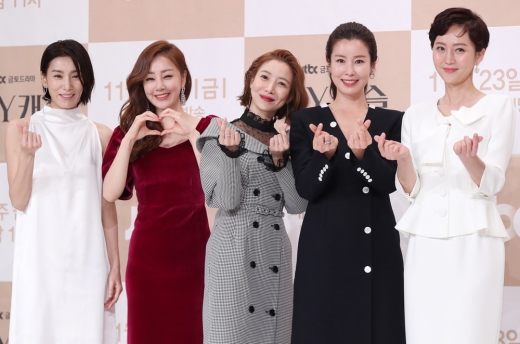 배우 김서형, 오나라, 윤세아, 이태란, 염정아가 JTBC 새 금토드라마 'SKY 캐슬' 제작발표회에 참석해 포즈를 취하고 있다. /사진=머니투데이 DB