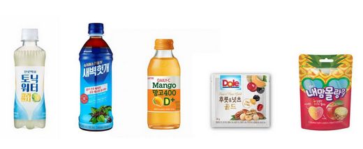 ▲ (왼쪽부터): 하이트진로음료 ‘진로믹서 토닉워터 깔라만시’, ‘새벽헛개’, 롯데칠성음료 ‘데일리C 망고400D+’, 돌 코리아 ‘후룻&넛츠 골드’, 크라운제과 ‘내맘몰랑’ @머니S MNB, 식품 외식 유통 · 프랜차이즈 가맹 & 유망 창업 아이템의 모든 것