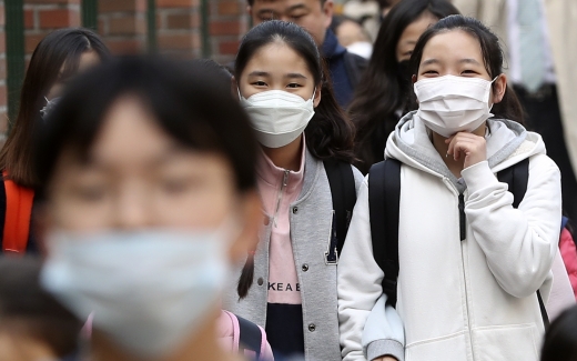 서울의 한 초등학교 학생들이 미세먼지 마스크를 쓰고 등교 하고 있다. /사진=뉴시스 최진석 기자