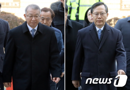 사법농단 의혹 정점으로 지목된 양승태 전 대법원장(왼쪽)과 박병대 전 대법관이 23일 오전 서울 서초구 서울중앙지방법원에서 열리는 구속 전 피의자심문(영장실질심사)에 출석했다./사진=뉴스1 이재명 기자