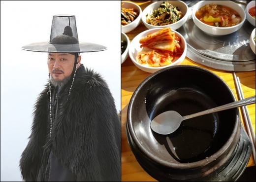 김의성 배우가 영화 <관상>에 한명회 역으로 출연한 모습(왼쪽)과 27일 자신의 페이스북에 올린 빈 뚝배기 사진. /사진=김의성 페이스북