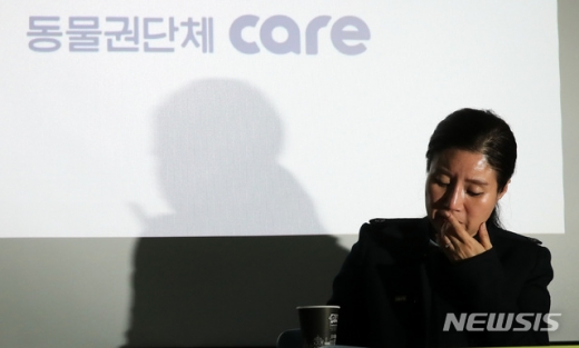 구조동물 안락사 논란을 빚은 동물단체 케어의 박소연 대표가 지난 19일 오전 서울 서초구의 한 빌딩에서 기자회견을 하며 잠시 생각에 잠겨 있다. /사진=뉴시스