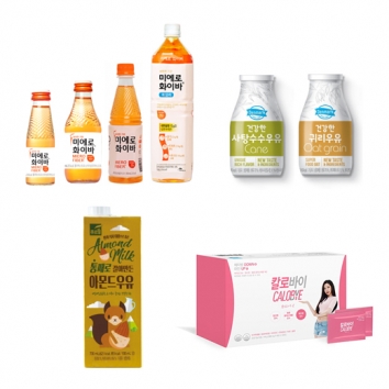 왼쪽 위부터 차례로 현대약품 ‘미에로화이바’, 동원F&B `덴마크 건강한 우유`, 푸르밀 ‘통째로 갈아만든 아몬드 우유’,  현대약품 ‘칼로바이’ @머니S MNB, 식품 외식 유통 · 프랜차이즈 가맹 & 유망 창업 아이템의 모든 것