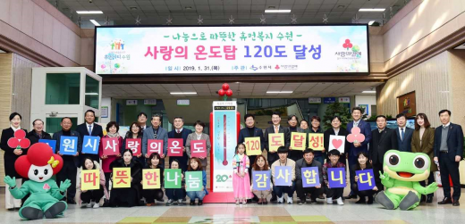 ▲ 염태영 수원시장(오른쪽두 번째)이 시청 로비에서 경기사회복지공동모금회, 수원시 관계자들과 함께 ‘사랑의 온도탑 120도 달성’을기념하고 있다. / 사진제공=수원시