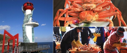대게 발 조형물로 감싸인 창포말등대(왼쪽), 접시에 놓인 붉은색 대게들(오른쪽 위), 그리고 어판장에서 대게를 살펴보는 상인들(오른쪽 아래). /사진=한국관광공사