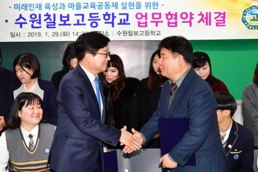 ▲ 염태영수원시장(왼쪽)과김영창 수원칠보고등학교장이 1월 29일 학교시설 개방 관련 협약 체결 후 악수하고 있다. / 사진제공=수원시