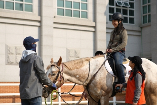 한국마사회 렛츠런파크 부산경남 승마장에서 한 여학생이 재활힐링승마에 참여하는 모습./사진제공=한국마사회 부산경남본부