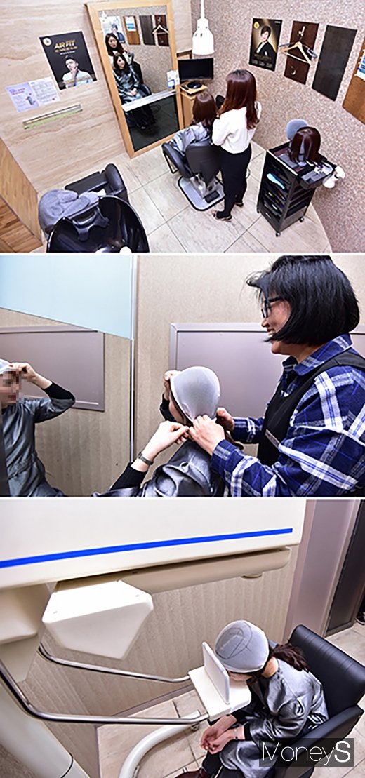 기자가 3D 스캐너 시스템을 통해 탈모 상태를 측정하고 있다. /사진=장동규 기자