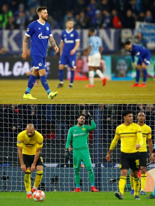 2018-2019시즌 UEFA 챔피언스리그 16강 1주차에서 패배한 후 탈락 위기를 맞은 독일 분데스리가 소속 샬케 04(위쪽)와 보루시아 도르트문트. /사진=로이터
