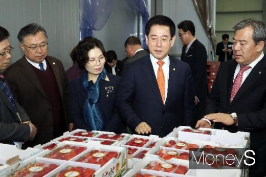 27일 도민과 대화를 위해 곡성군을 방문한 김영록 전남도지사(사진 오른쪽 두번째)가 농업회사법인 곡성멜론을 시찰하고 있다. /사진=전남도 제공