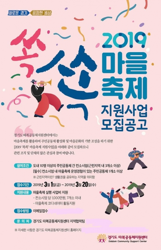 ▲ ‘2019 쏙쏙 마을축제 지원사업’ 참여 공동체 공모 포스터. / 자료제공=경기도