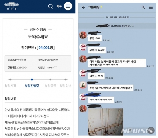 10대인 자신의 남동생이 또래 학생들에게 집단폭행을 당했다는 내용의 국민청원과 카카오톡 대화 내용. /사진=뉴시스
