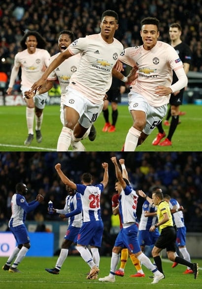 7일 오전(한국시간) UEFA 챔피언스리그 16강 2차전에서 역전극을 일궈낸 맨체스터 유나이티드(위쪽)와 FC 포르투. /사진=로이터