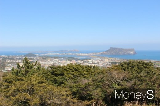 서귀포시 성산읍 대수산봉에서 바라본 지미봉(왼쪽 작은 산)과 종다리. 멀리 우도와 성산일출봉(오른쪽)도 보인다. /사진=박정웅 기자