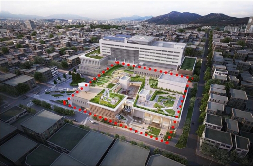 ▲ 성남시의료원 옆에 2021년 건립될 문화·의료시설 조감도(빨간 점선). / 사진제공=성남시