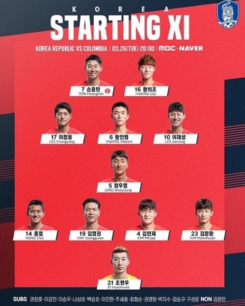 콜롬비아에 나서는 대한민국 축구 대표팀 선발 라인업 명단. /사진=대한축구협회 제공