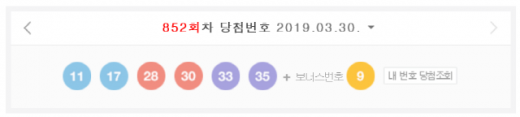 제852회 행복드림 로또 당첨번호. /사진=동행복권 캡처