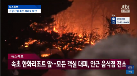 지난 4일 강원도 고성에서 발생한 산불로 투숙객이 전원 대피한 속초 한화리조트. /사진=JTBC 방송 캡처