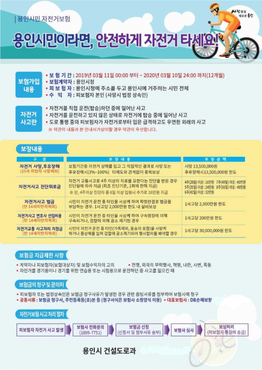 ▲ 용인시는 지난해에 이어 자전거를 타는 시민들의 안전을 위해 전 시민을 대상으로 자전거보험에 가입했다고 5일 밝혔다. / 자료제공=용인시
