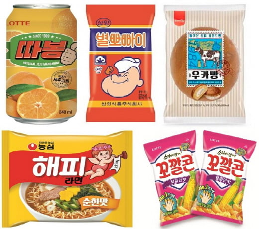 (왼쪽 첫번째부터 시계방향) 따봉, 별뽀빠이, 우카빵, 꼬깔콘 달콤한 맛, 해피라면. /사진제공=각사