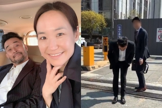 최민수 강주은 부부. 오른쪽 사진은 최민수가 강주은에게 인사하는 모습. /사진=강주은 인스타그램