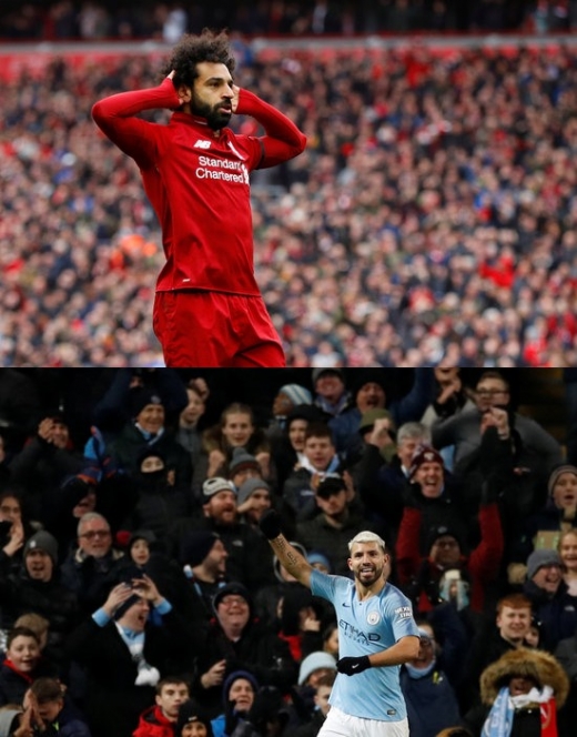 2018-2019시즌 EPL 득점왕 선두 자리를 놓고 치열하게 경합 중인 리버풀의 모하메드 살라(위쪽)와 맨체스터 시티의 세르히오 아구에로. /사진=로이터