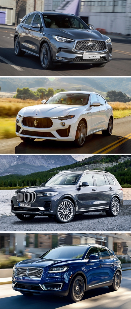 위쪽부터)인피니티 더 올 - 뉴 QX50, 마세라티 르반떼 GTS, BMW 뉴 X7, 링컨 노틸러스. /사진제공=각 사