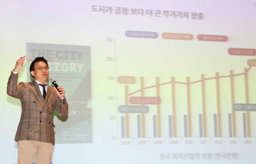 ▲ 지난 26일 안양시청 강당, 스마트시티 특강에 초청된 황종성 강사는 스마트시티를 추진함에 있어 창의적 아이디어의 중요성을 강조했다. / 사진제공=안양시