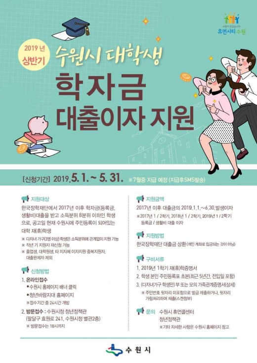 수원시는 5월1일부터 31일까지 ‘2019년 상반기 대학생 학자금 대출이자 지원 사업’ 참여 대학생을 모집한다. / 자료제공=수원시