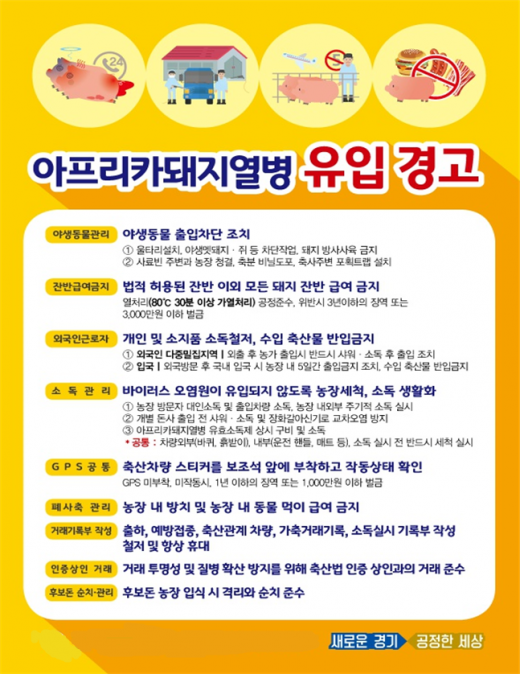 경기도가 아프리카돼지열병(ASF)의 국내 유입 차단에 총력을 기울이고 있는 가운데 농가의 적극적인 호응과 참여를 당부했다. /자료제공=경기도