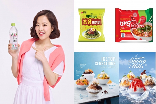 (좌측 상단부터 시계 방향) 코카-콜라 토레타, 농심 ‘미역듬뿍 초장비빔면’, 오뚜기 ‘미역초 비빔면’ 파스쿠찌 ‘여름 시즌 한정 빙수 5종’, 드롭탑 ‘아이스탑 빙수 4종’