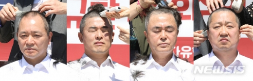 2일 오전 서울 여의도 국회 본청 앞에서 자유한국당 의원들이 패스트트랙 법안 철회를 위한 삭발식을 하고 있다. 왼쪽부터 성일종, 윤영석, 김태흠, 이장우 의원. /사진=뉴시스