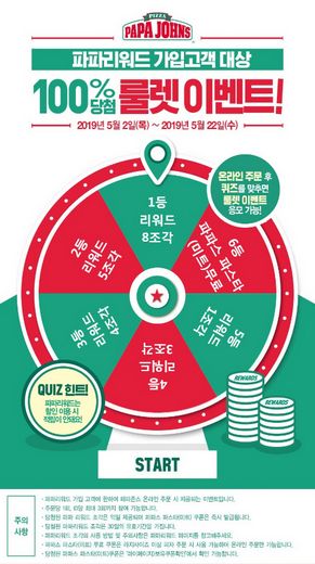 파파존스 피자, 파파 리워드 100% 당첨 룰렛 이벤트