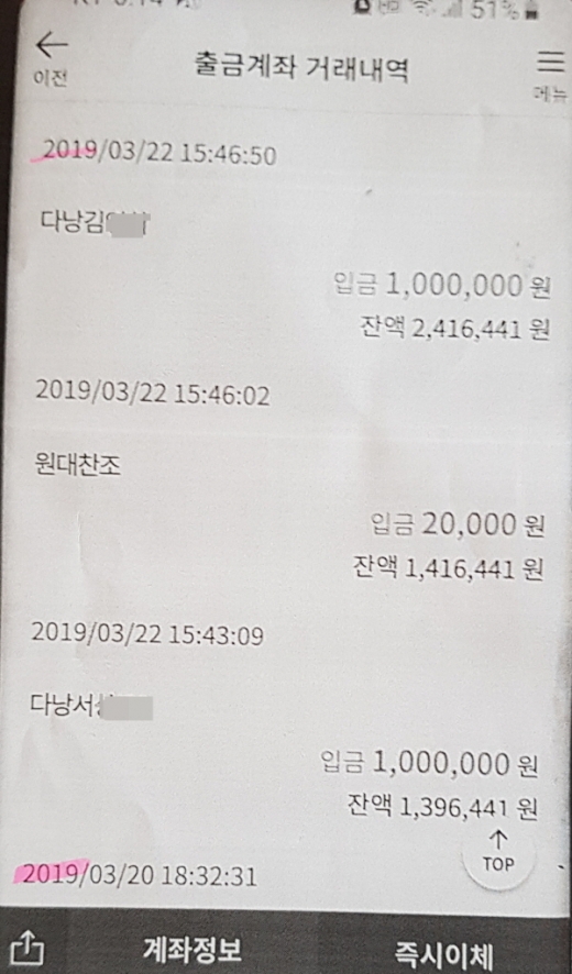 현재 논란이 일고 있는 베트남 해외여행과 관련, 합천군 B국장 부부가 각자 자신의 명의로 여행경비를 은행 계좌로 입금한 내역이 담긴 입출금 내역서. 