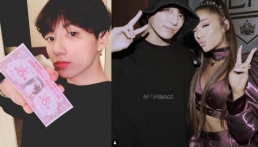 왼쪽이 BTS 정국이 올린 사진, 오른쪽이 아리아나 그란데가 올린 사진/ 사진제공= BTS 트위터, 아리아나 그란데 인스타그램