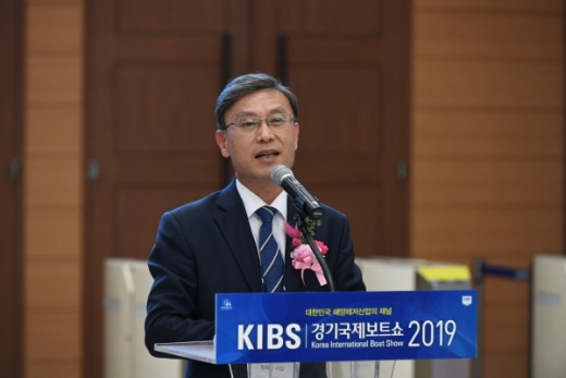정하영 김포시장이 2019 경기국제보트쇼 개막식에서 축사를 하고 있다. /사진제공=김포시