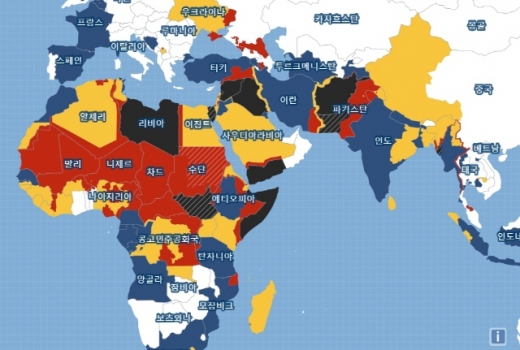 아프리카와 유럽 여행경보 발령 상황. 프랑스, 스페인, 벨기에 등 유럽에도 경보가 발령돼 있다. /사진=외교부 해외안전여행 사이트 캡처