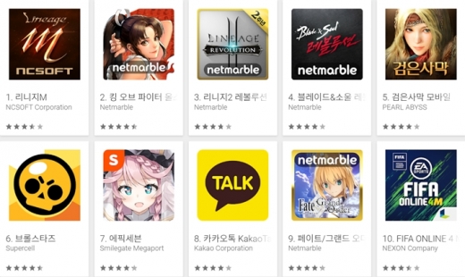 15일 기준 구글플레이 최고매출 순위. /사진=구글플레이 스토어