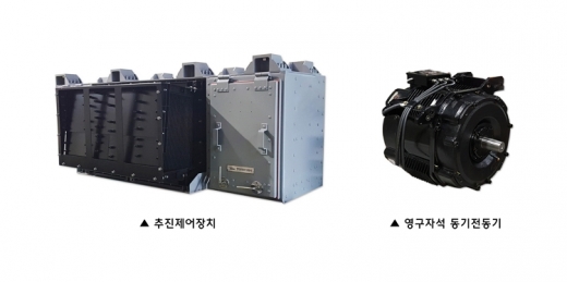 현대로템이 개발한 영구자석 동기전동기(오른쪽)와 추진제어장치(왼쪽). /사진=현대로템