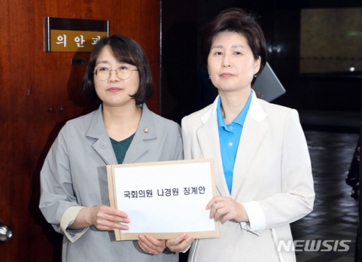 더불어민주당 백혜련 의원과 정의당 추혜선 의원이 17일 오후 서울 여의도 국회 의안과에 문재인 대통령 지지자 비하 용어로 쓰이는 일명 '달창' 발언을 한 나경원 의원 징계안을 제출하고 있다. /사진=뉴시스