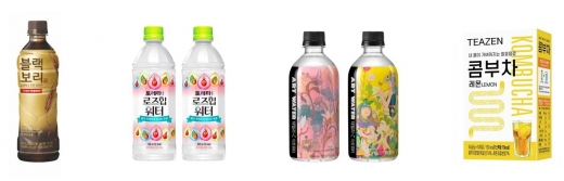 이미지(왼쪽부터): 하이트진로음료 ‘블랙보리’, 코카콜라사 ‘토레타! 로즈힙워터’, 롯데칠성음료 ‘데일리C 아트워터’, 티젠 ‘티젠 콤부차 레몬’