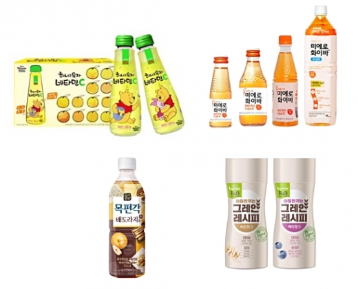 사진 왼쪽 위부터 차례로, 고려은단 ‘허니&유자 비타민C’ 곰돌이 푸 에디션, 현대약품 ‘미에로화이바’, 해태htb ‘목편각 배도라지차’, 한국야쿠르트 ‘그레인 레시피’ 2종