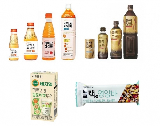 왼쪽 위부터 차례로 현대약품 ‘미에로화이바’, 하이트진로음료 ‘블랙보리’, 정식품 ‘베지밀 하루건강 칼로리컷 두유’, 풀무원 ‘블랙김영양바’ 